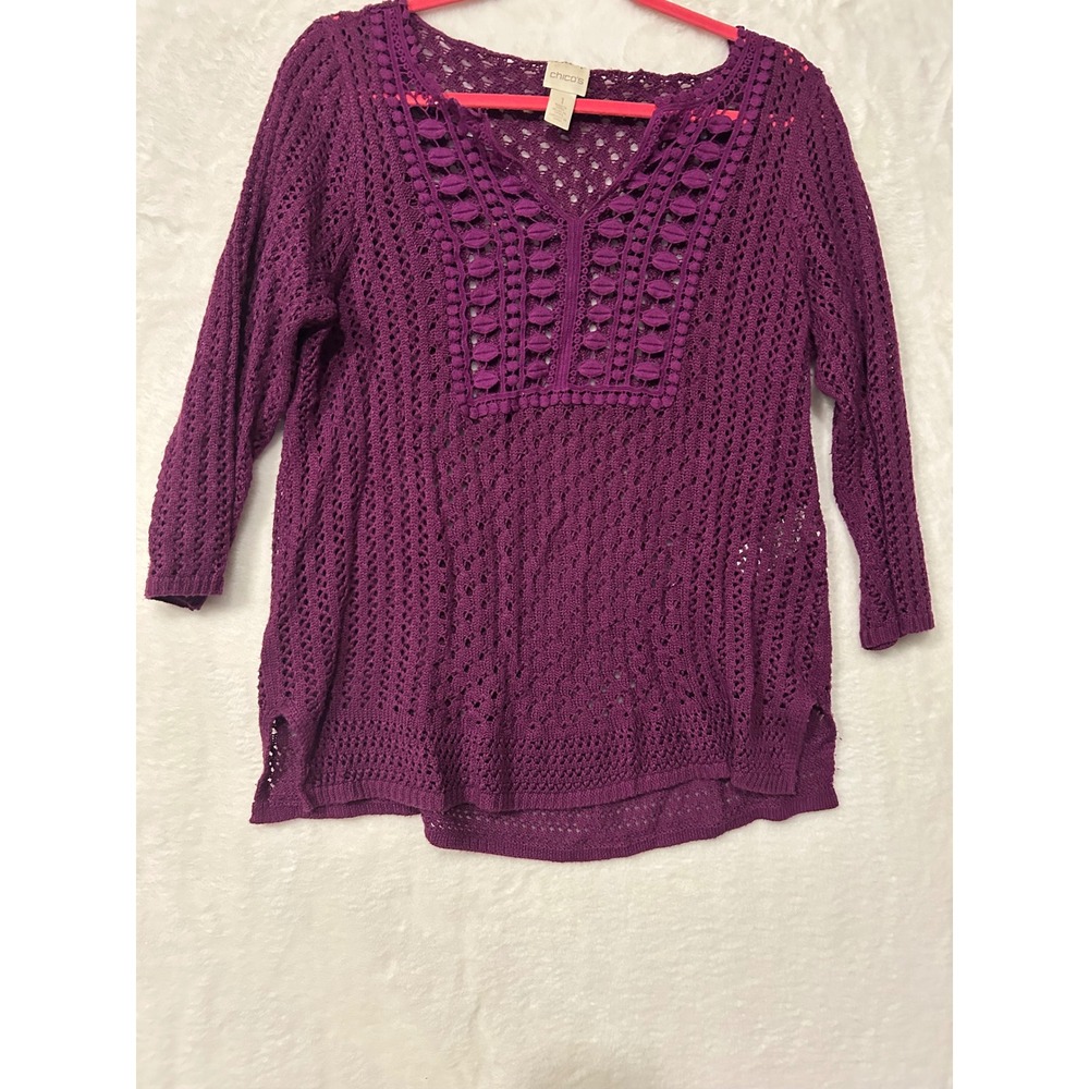 Chicos Crochet Sweater Womens 1 M Purple Open Knit V-Neck 3/4 Sleeve Pullover - Picture 1 of 4